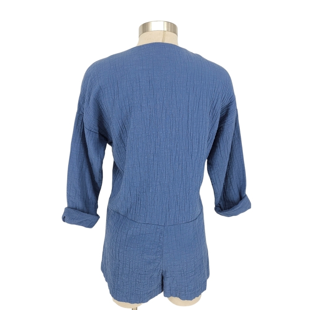 Zara Shorts Romper Blue Tie Front Long Sleeve One Piece Playsuit Pockets XS - Picture 4 of 5